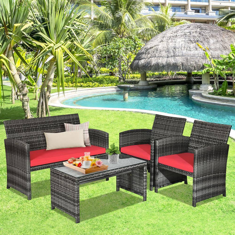 Red Cushioned Black Wicker 4-Piece Patio Furniture Set