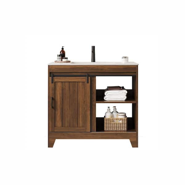 Liory 35. 83in. Freestanding Dark Walnut Bath Vanity with White Ceramic Basin and White Sintered Stone Top Unassembled