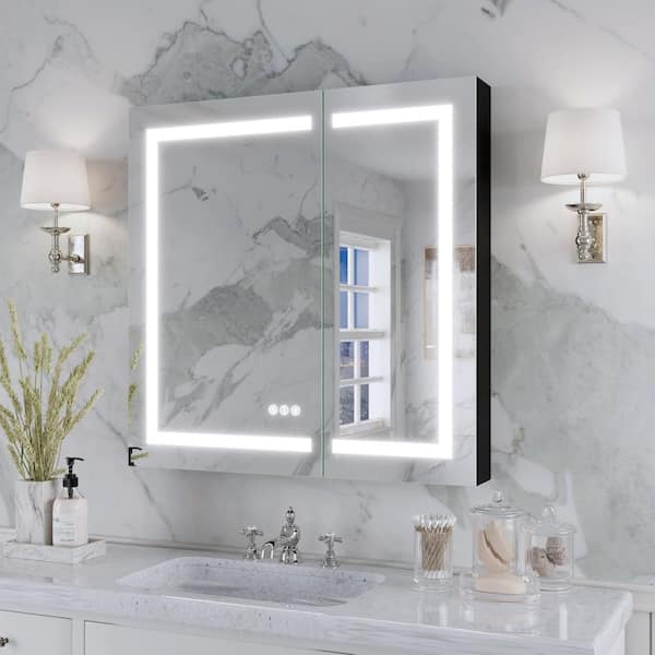 32 in. W x 32 in. H Rectangular Aluminum Recessed/Surface Mount Frameless Medicine Cabinet with Mirror in Matte Black