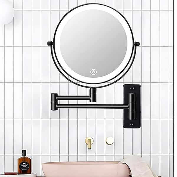 JimsMaison 8.7 in. W x 12 in. H Small Round Magnifying LED Light Wall Mounted Bathroom Makeup Mirror in Black