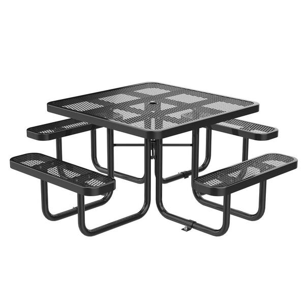 78.7 in. Black Square Steel Picnic Tables Seats 8 People with 1.89 in. Umbrella Hole and 46 in. Table