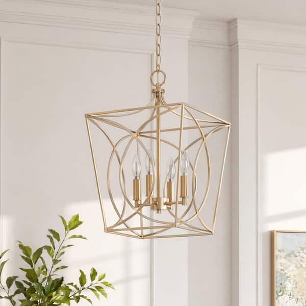 12 in. Farmhouse 4-Light Gold Chandelier Pendant, Adjustable Chain Ceiling Light Fixture for Kitchen, Dining Room