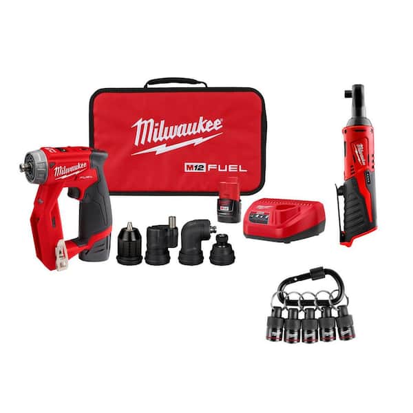 M12 FUEL 12V 4-in-1 Installation 3/8 in. Drill Driver Kit with M12 3/8 in. Ratchet with 5-Pc Carabiner Hex Holder