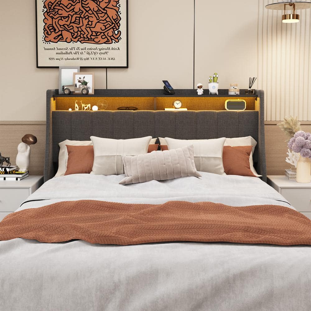 HOMEFUN Dark Gray Wood Frame Upholstered Wings Headboard Full Platform