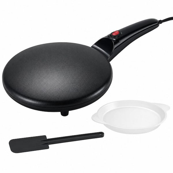 8 in. Black Aluminum Electric Crepe Pan with Batter Spreader, Dipping Tray 800W Quick Heat-Up, Auto Temperature Control
