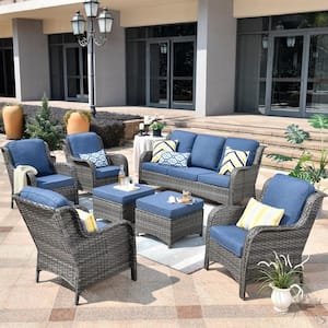 Erie Lake Gray 7-Piece Wicker Outdoor Patio Conversation Seating Sofa Set with Denim Blue Cushions
