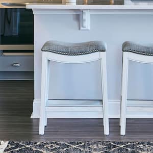 Zoey 26 in. Farmhouse White Backless Wood Counter Stool with Gray Upholstered Saddle-Seat, 1-Stool