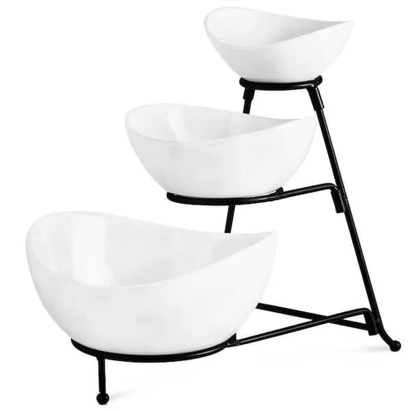 8 in. 45 fl. oz. White Oval Porcelain Serving Bowl Set with 3 Tier Metal Black Serving Stand for Desserts Fruits