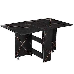 55.1 in. Rectangle Black Marble Wood Folding Dining Table Drop Leaf Table with 2-Tier Racks with Wheels (Seats 6)
