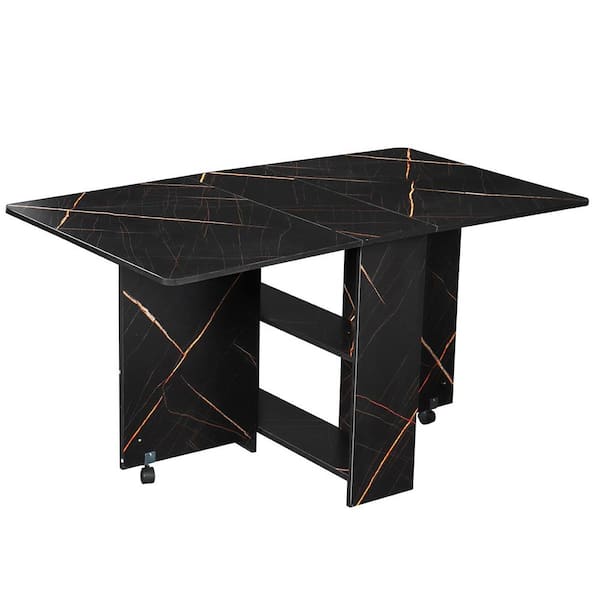 Dinaza 55.1 in. Rectangle Black Marble Wood Folding Dining Table Drop Leaf Table with 2-Tier Racks with Wheels (Seats 6)