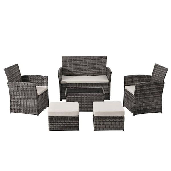 Dark-Gray 6-Piece Patio Resin Wicker Converation Set With Coffee Table, Ottoman and Beige Cushions for Patio, Yard, Pool