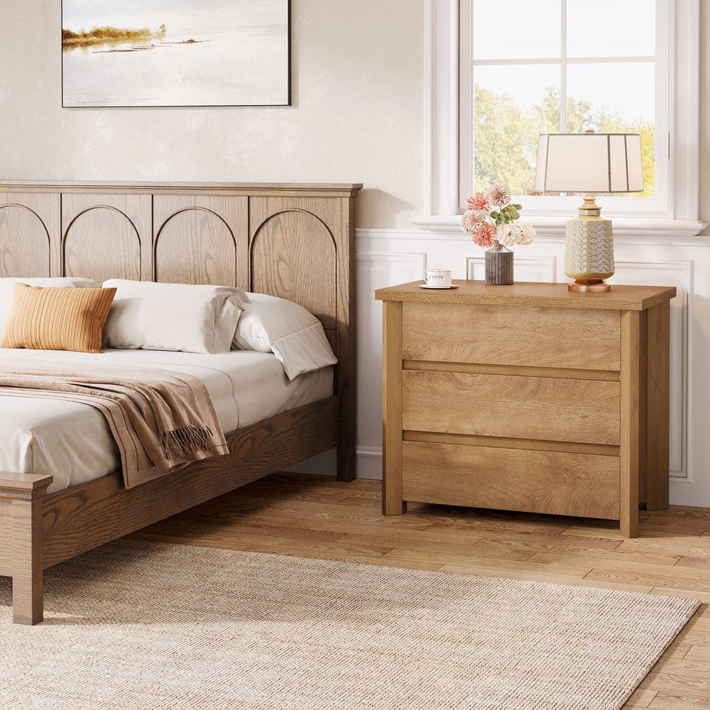 Fenley Light Brown Oversized Nightstands, 3-Drawer 31.5 in. Bedside Table, Large Nightstands for Bedroom, 2 Pieces - thumbnail 4