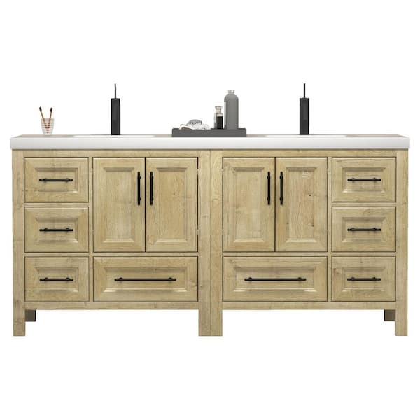 VIV 71 in. W x 20 in. D x 35 in. H Double Sink Freestanding Bath Vanity in Teak Oak with White Acrylic Top