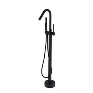 Single-Handle Freestanding Floor Mount Tub Filler Faucet with Hand Shower and Swivel Spout in Matt Black