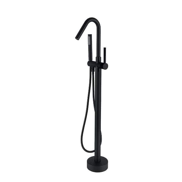UPIKER Single-Handle Freestanding Floor Mount Tub Filler Faucet with Hand Shower and Swivel Spout in Matt Black