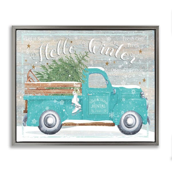 Stupell Industries Rustic Hello Winter Truck by Karen Tye Bentley 1 Piece Floater Frame Graphic Print Travel Art Print 21 in. x 17 in.