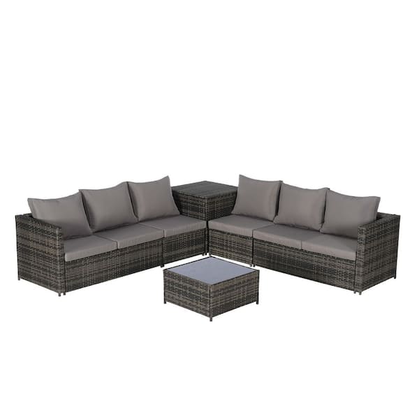 6-Piece Wicker Patio Conversation Set with Dark Gray Cushions, Corner Table and Glass Top Table