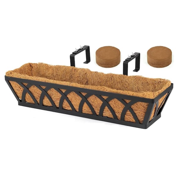 Window Box Railing, 24 in. Black Metal Hanging Flower Planter Basket with Coco Liner (Black, 2-Pieces)