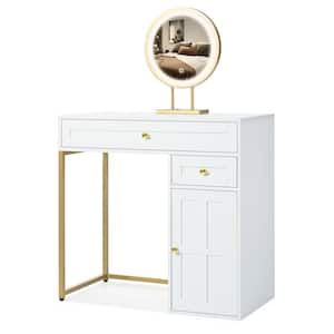 2-Drawers White/Gold Makeup Vanity Table Wooden Dressing Desk with 3 Lighting Modes Mirror, 1 Cabinet