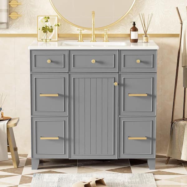 36 in. W x 18 in. D x 34 in. H Freestanding Bath Vanity in Gray with White Ceramic Top Single Basin Sink