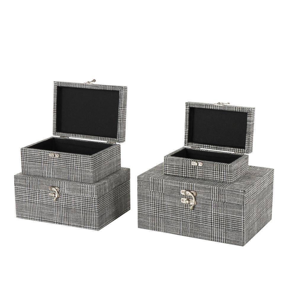 Handmade Black and White Fabric Storage Boxes with Silver Latches, Set of 4