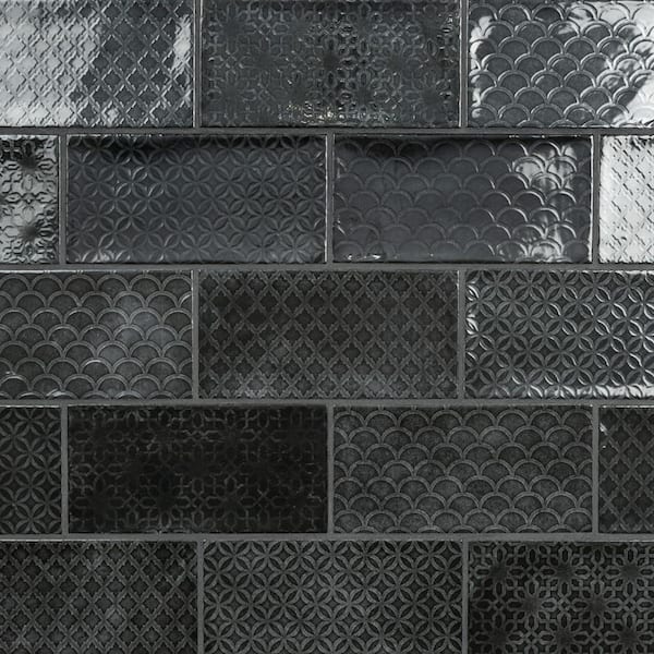 Merola Tile Camden Decor Nero 4 in. x 8 in. Ceramic Wall Take Home Tile Sample