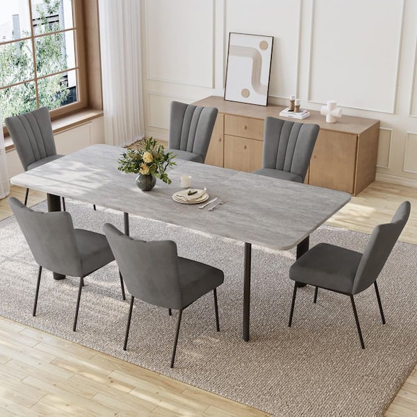 7-Piece Set Gray Chairs and Gray Rectangular Dining Table, Dining Table Set, Dining Room Set with 6 Chairs