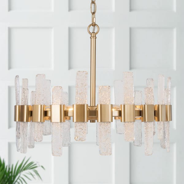 Uolfin Mid-Century Modern Gold Kitchen Island Chandelier, 6-Light Glam Dining Room Ceiling Light with Icing Glass Strips