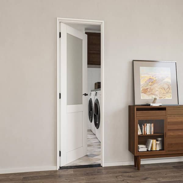 28 in. x 80 in. 1/2-Lite Frosted Glass Left Handed White Solid Core MDF Door with Quick Assemble Jamb Kit