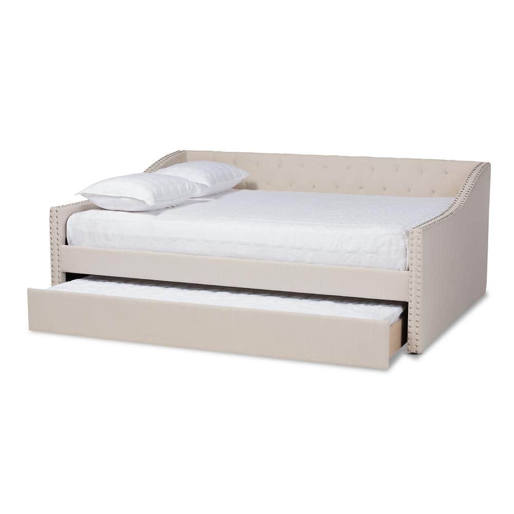 Beige Upholstered Full Size Daybed with Trundle and Nailhead Trim