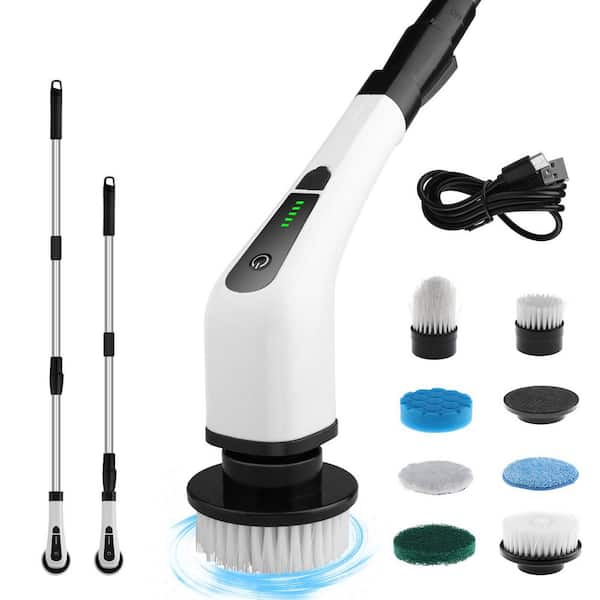 Cordless Electric Spin Scrubber, 2-Speeds, 7-Replaceable Brush Heads Short Handle, White, Portable Carpet Cleaner