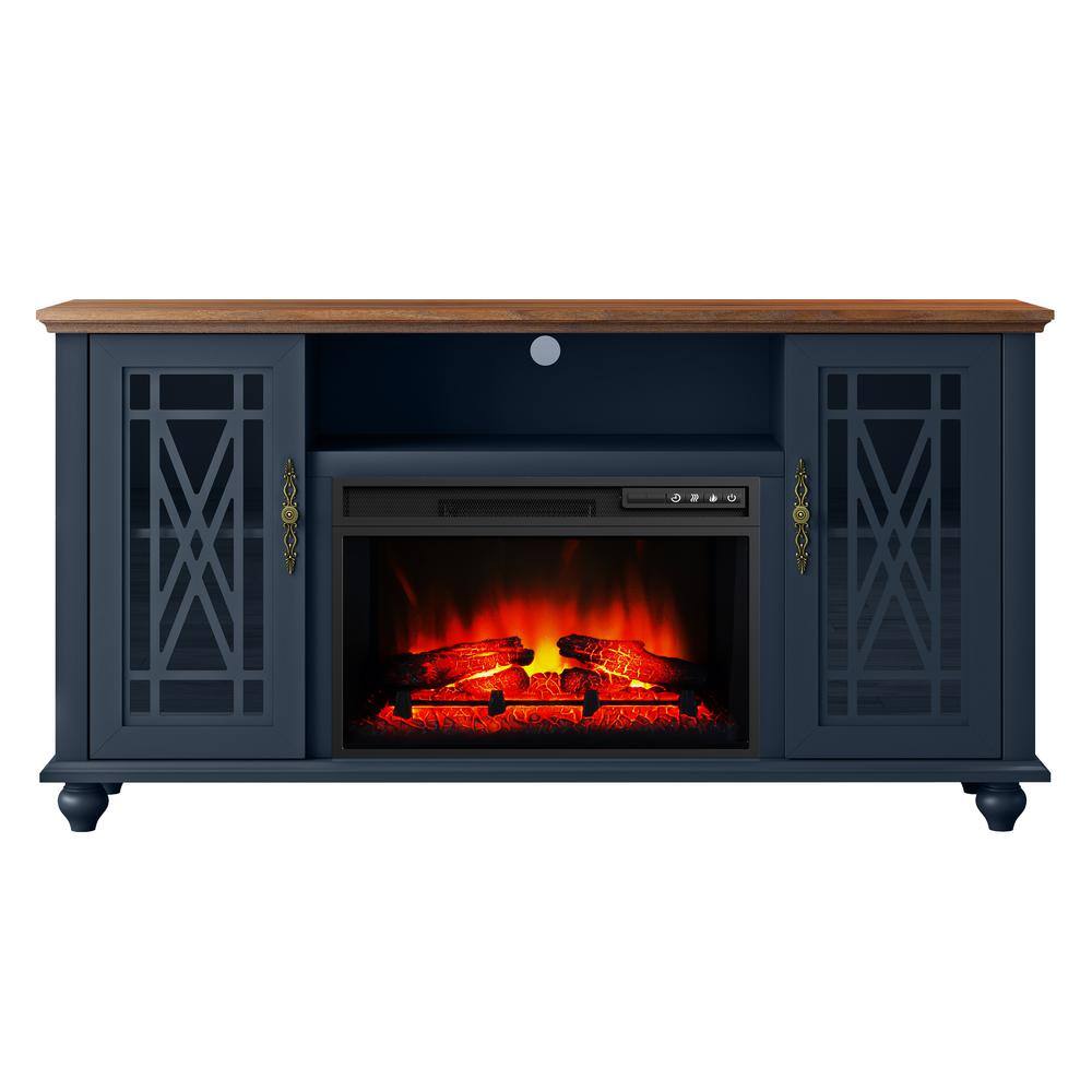 Navy and Natural Wood 62" TV Stand with Fireplace