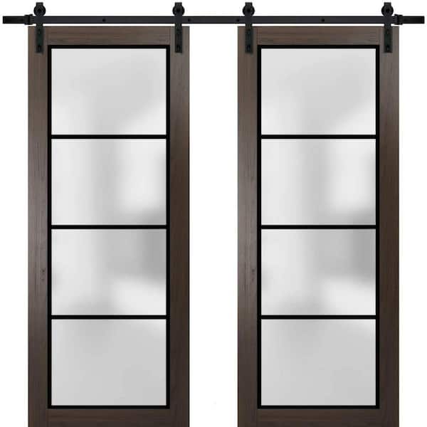 42 in. x 84 in. 2 Panel Frosted Glass Chocolate Ash Solid Wood Sliding Barn Door with Hardware Kit