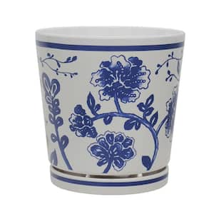 8.75 in. L x 8.75 in. W x 9 in. H Blue and White Floral Pattern Melamine Pot with In-Line Saucer