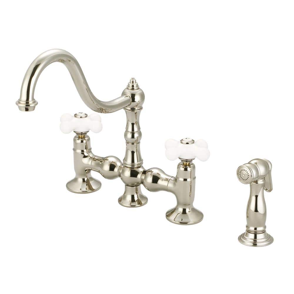 Water Creation 2-Handle Bridge Kitchen Faucet with Plastic Side Sprayer in Polished Nickel PVD -  F5-0010-05-PX