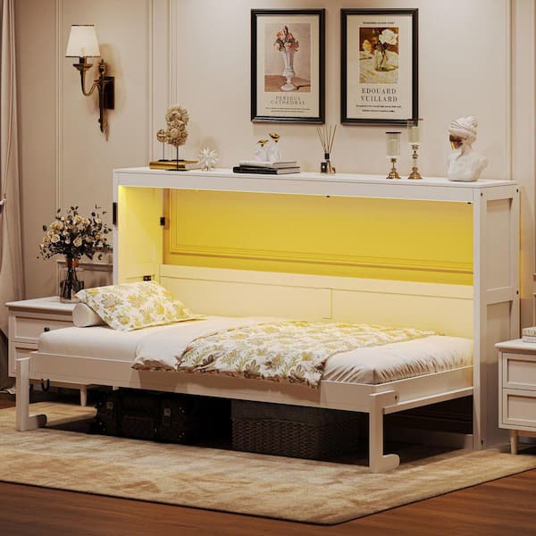 White Wood Frame Twin Size Murphy Bed with LED Light, Hidden Wall Bed Cabinet