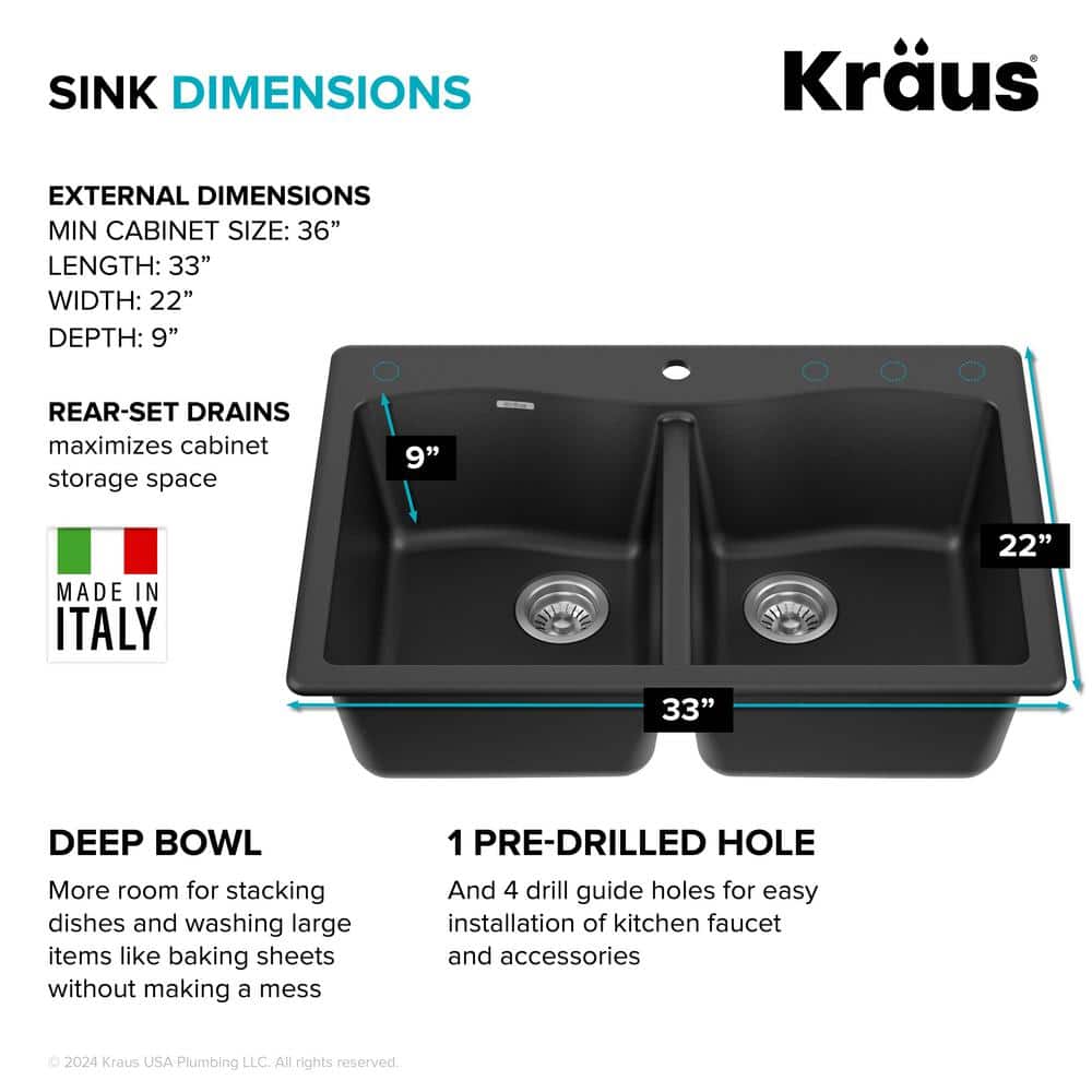 33-Inch Black Granite Double Bowl Drop-In Kitchen Sink