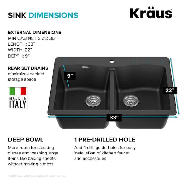 Forteza All-in-One Drop-In/Undermount Granite Composite 33 in. 1-Hole 50/50 Double Bowl Kitchen Sink in Black