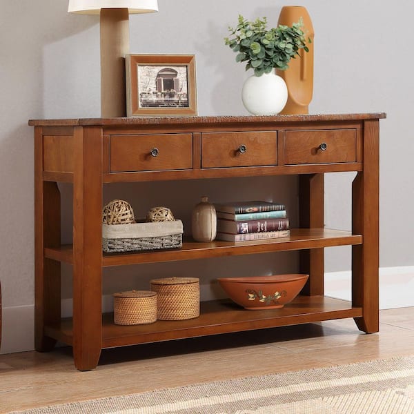 Dexter 48.82 in. Brown Rectangle Wood Console Table, Entryway Sofa Side Table with 3 Storage Drawers and 2 Shelves