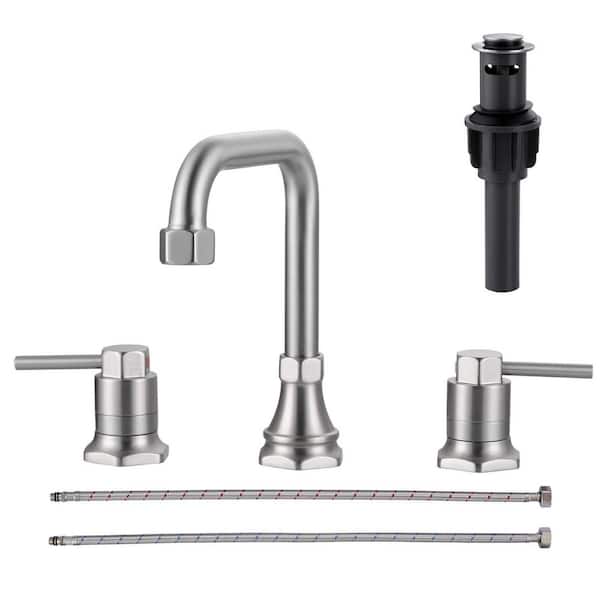 Double Handle 8 in. Widespread Bathroom Faucet, 3-Hole Bathroom Sink Faucet with Pop-Up Drain Kit in Brushed Nickel