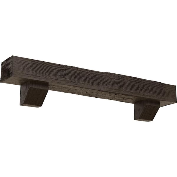 Ekena Millwork 4 in. x 4 in. x 5 ft. Rough Sawn Faux Wood Fireplace Mantel Kit, Ashford Corbels, Natural Honey Dew