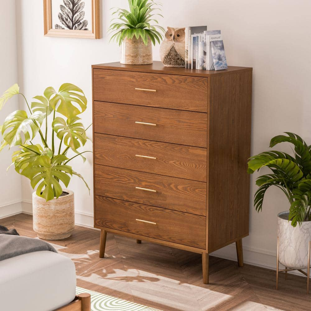 Riverstone Walnut 5-Drawer 33.5 in. Wide Chest of Drawers With Anti-Tip Interlock System -  Furniture of America, IDF-7220WN-C