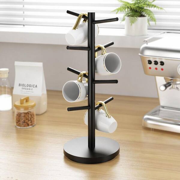 Black Wood 360 Degree Rotating Coffee Mug Holder Tree with 8 Hooks for Kitchen Counter, Cup Rack Organizer Stand