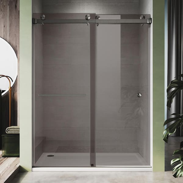 UNIKOO UKD01 56 to 60 in. W x 80 in. H Double Sliding Frameless Shower Door in Space Gray, EnduroShield 3/8 in. Gray Glass