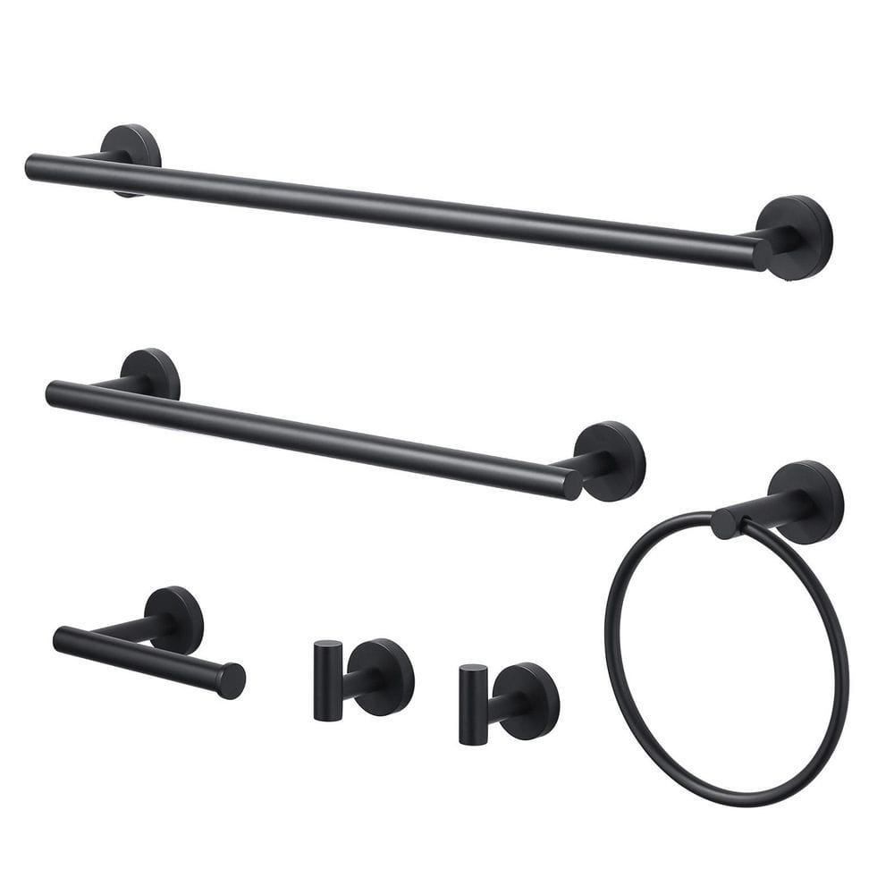 WOWOW 6-Piece Wall Mount Stainless Steel Bathroom Towel Rack Set in Matte Black W410016B-HD