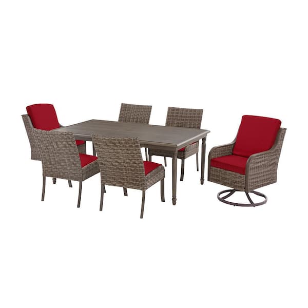 Hampton Bay Windsor 7-Piece Brown Wicker Rectangular Outdoor Dining Set with CushionGuard Chili Red Cushions