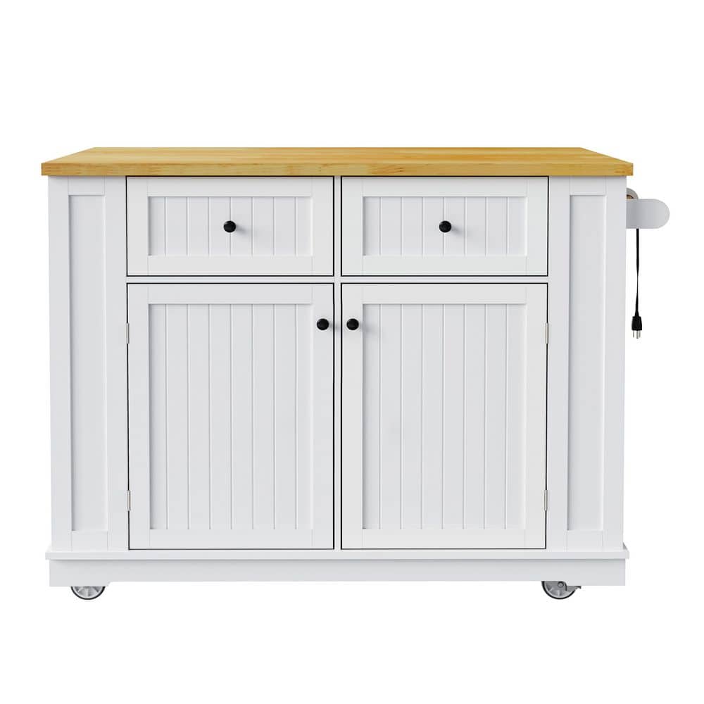H2O 48 in. White Kitchen Cart Island with Drop Leaf, Power Outlet, Internal