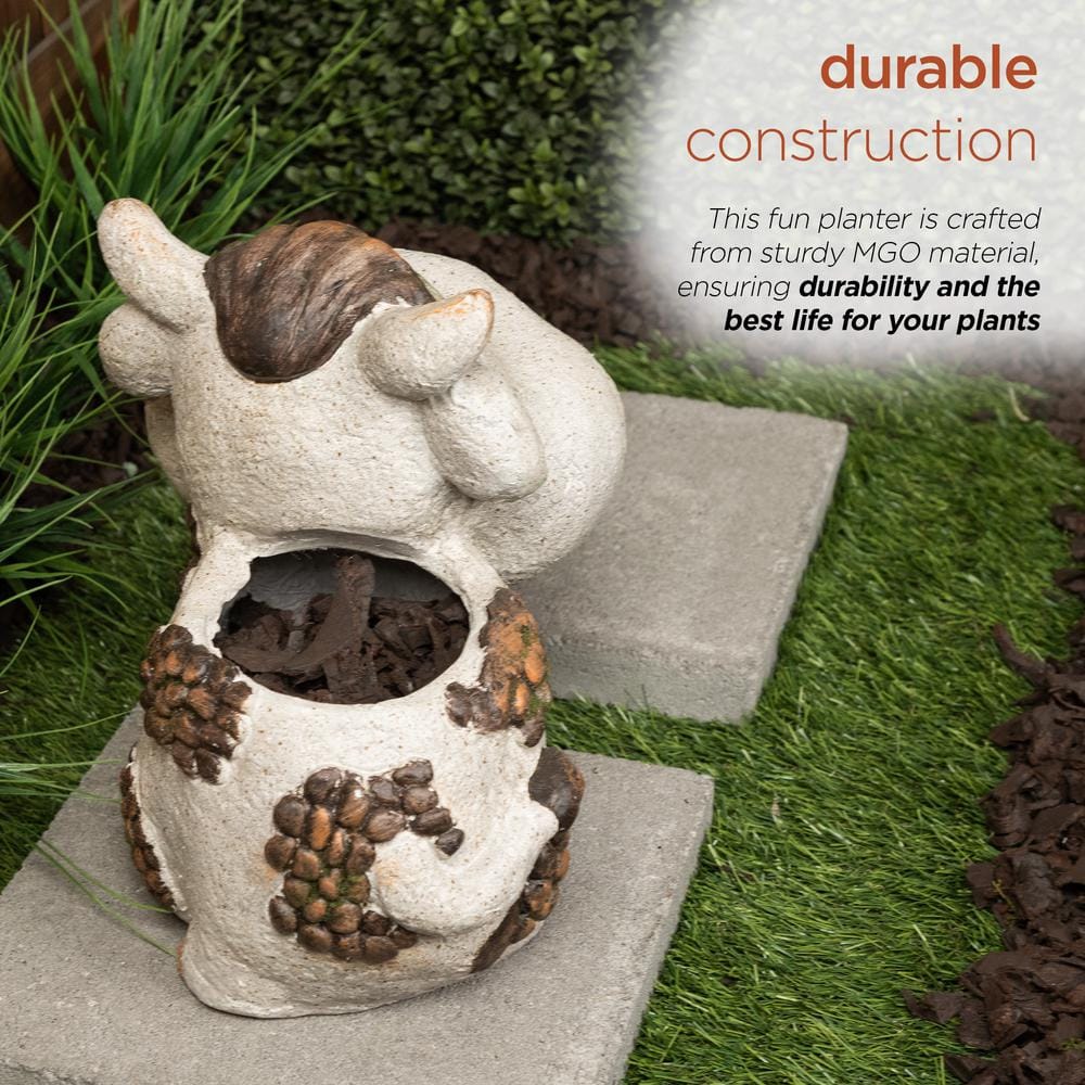 Gray Ceramic Smiling Cow Novelty Outdoor Planter with Drainage Hole