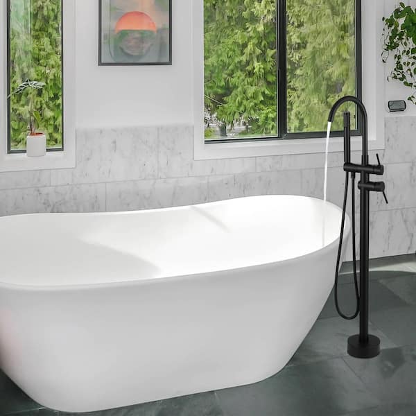 Waterfall Single-Handle Floor Mount Freestanding Tub Faucet Bathtub Filler with Hand Shower in. Matte Black