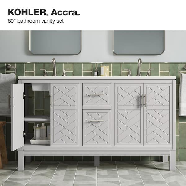 KOHLER Accra 60in. Double Sink Freestanding Atmos Grey Bath Vanity with Bianco Bella Quartz Top Assembled